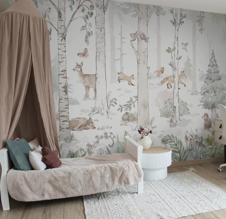 Tapeta HELLO RABBIT - sage - leśny mural ze zwierzętami do pokoju dziecka