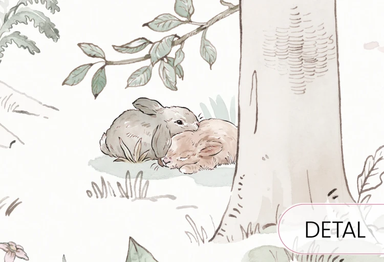 Tapeta HELLO RABBIT - sage - leśny mural ze zwierzętami do pokoju dziecka