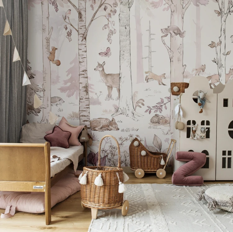 Tapeta HELLO RABBIT - white- tapeta ze zwierzątkami i lasem do pokoju dziecięcego