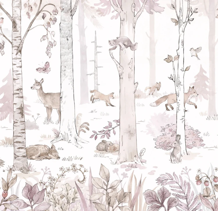 Tapeta HELLO RABBIT - white- tapeta ze zwierzątkami i lasem do pokoju dziecięcego
