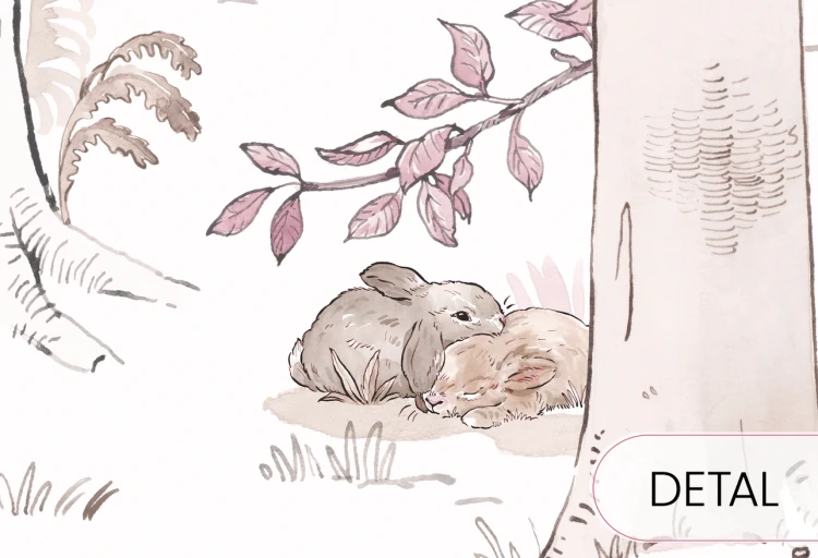 Tapeta HELLO RABBIT - white- tapeta ze zwierzątkami i lasem do pokoju dziecięcego