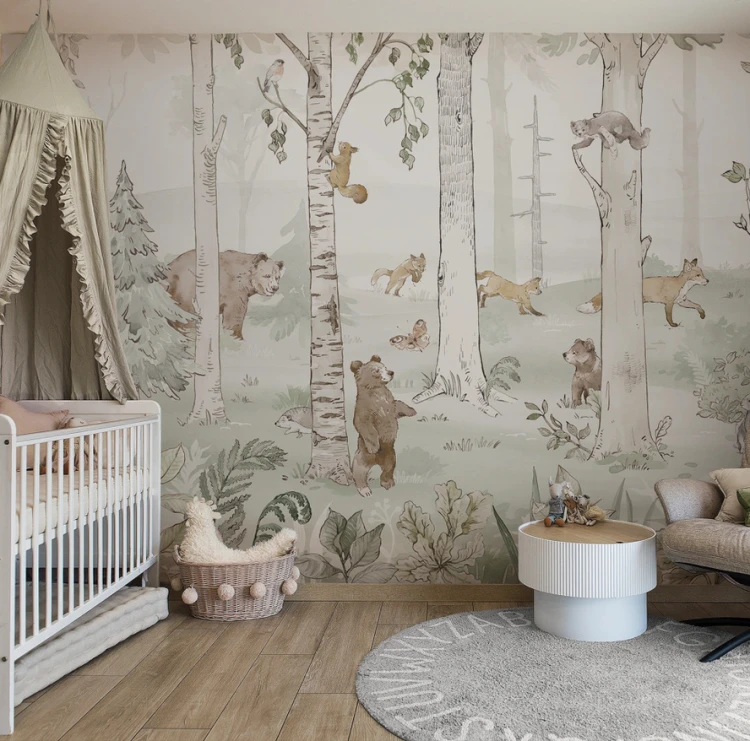Tapeta HELLO TEDDY - green - dziecięca tapeta z niedźwiadkami w zielonym lesie