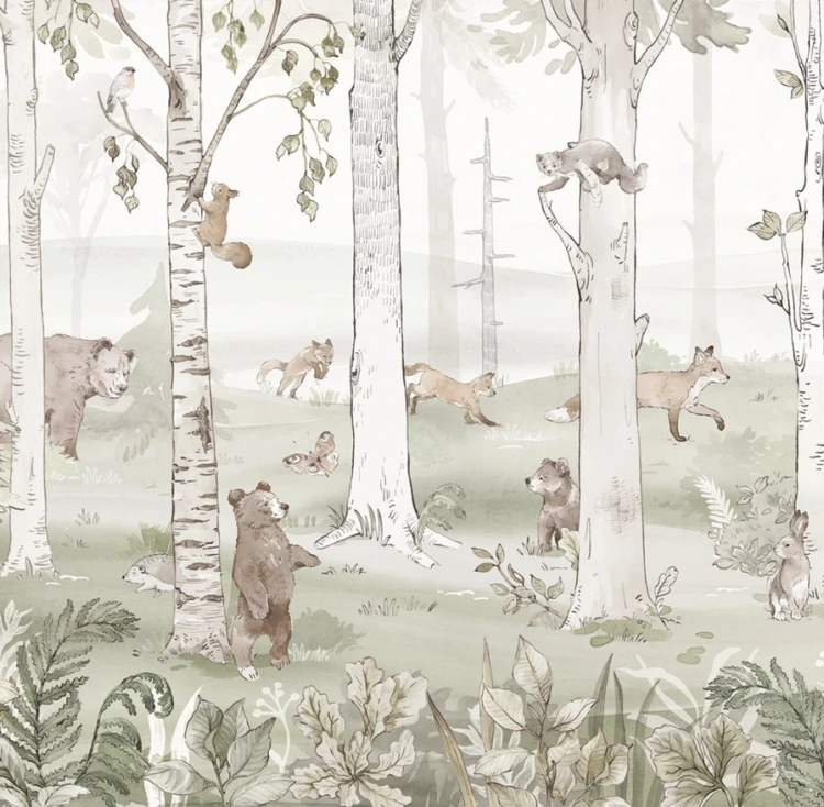 Tapeta HELLO TEDDY - khaki - dziecięca tapeta z misiami pośród drzew