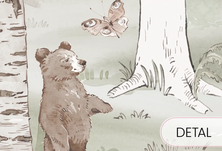 Tapeta HELLO TEDDY - khaki - dziecięca tapeta z misiami pośród drzew