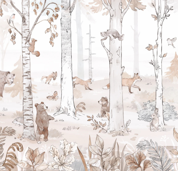 Tapeta HELLO TEDDY - sepia - stonowana tapeta z rodziną misiów w głebi lasu