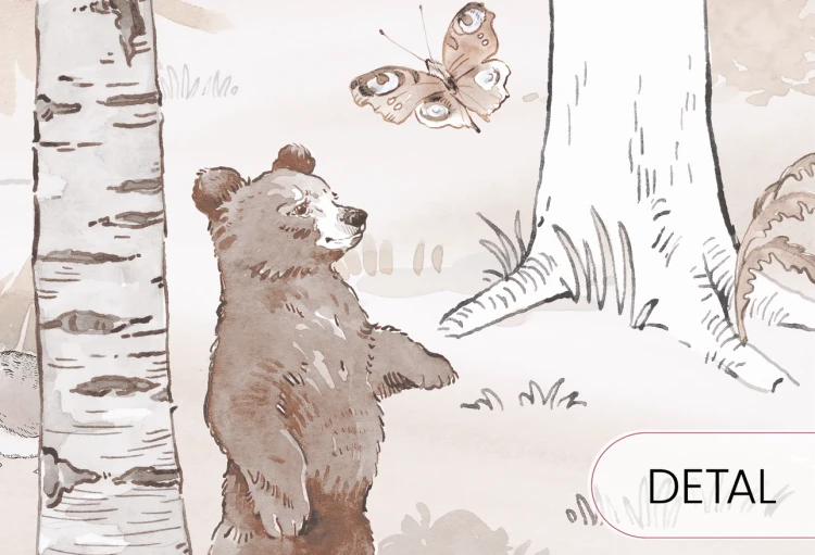 Tapeta HELLO TEDDY - sepia - stonowana tapeta z rodziną misiów w głebi lasu