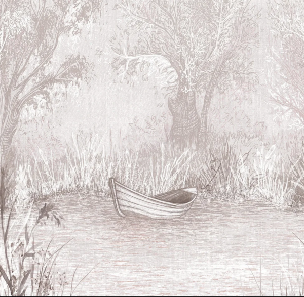 Tapeta RIVERSIDE BOAT - rose - romantyczna tapeta pejzażowa z łodzią w odcieniu różu