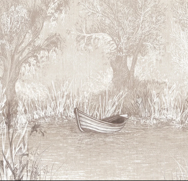 RIVERSIDE BOAT - sand - artystyczna tapeta pejzażowa z łodzią w kolorach ziemi