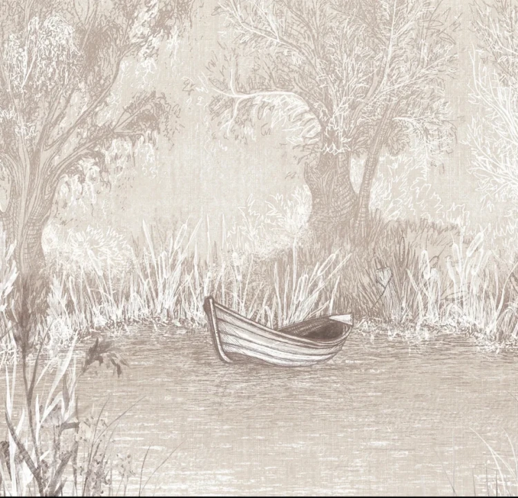 RIVERSIDE BOAT - sand - artystyczna tapeta pejzażowa z łodzią w kolorach ziemi