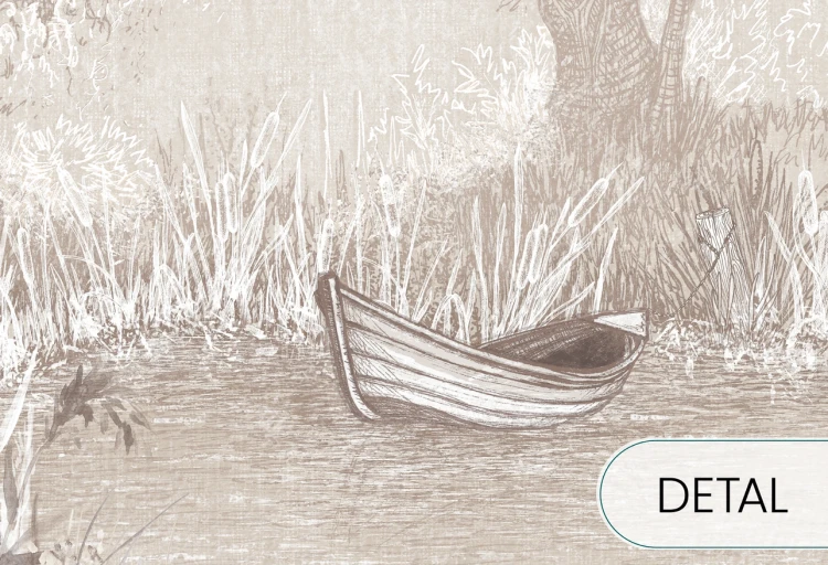 RIVERSIDE BOAT - sand - artystyczna tapeta pejzażowa z łodzią w kolorach ziemi