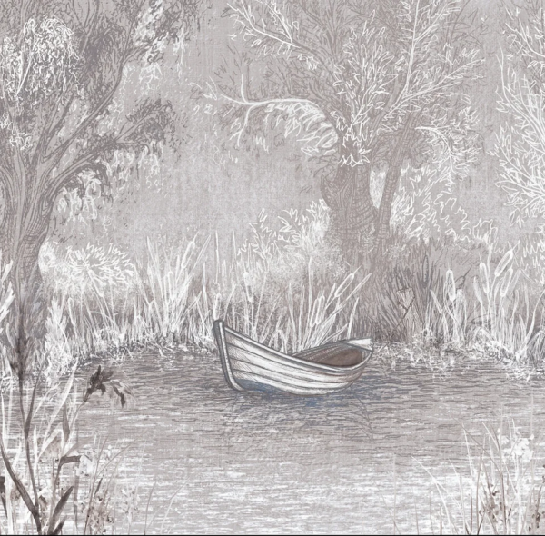 RIVERSIDE BOAT - dark - artystyczna tapeta pejzażowa z łodzią w nastrojowej tonacji