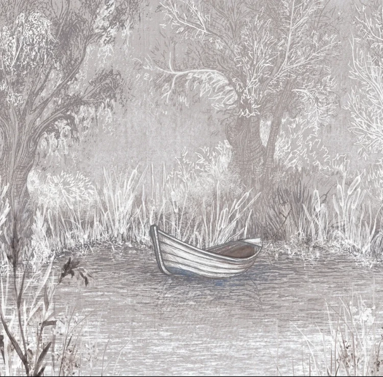 RIVERSIDE BOAT - dark - artystyczna tapeta pejzażowa z łodzią w nastrojowej tonacji