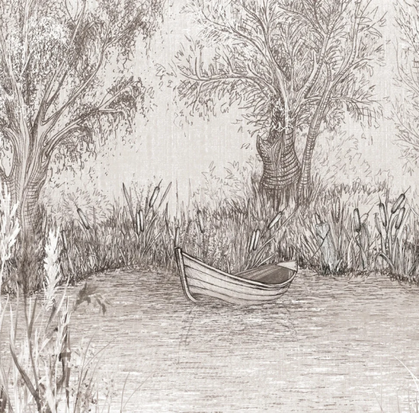 Tapeta RIVERSIDE BOAT - classic - nastrojowa tapeta pejzażowa z motywem łodzi