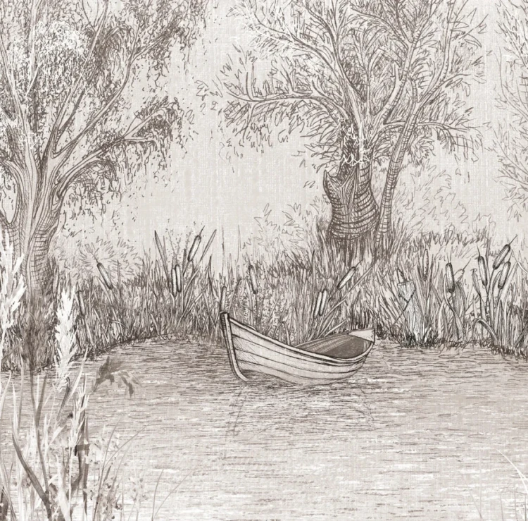 Tapeta RIVERSIDE BOAT - classic - nastrojowa tapeta pejzażowa z motywem łodzi