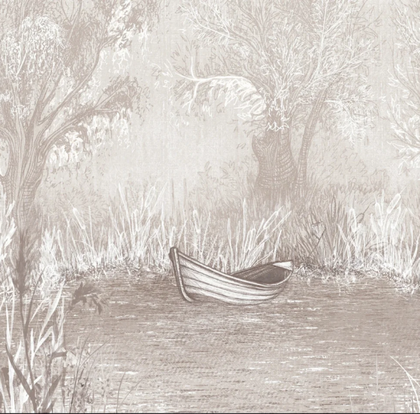 Tapeta RIVERSIDE BOAT - neutral - artystyczna tapeta pejzażowa do eleganckiego salonu lub sypialni