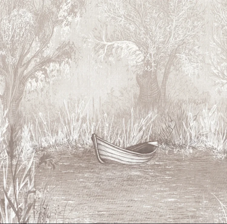 Tapeta RIVERSIDE BOAT - neutral - artystyczna tapeta pejzażowa do eleganckiego salonu lub sypialni