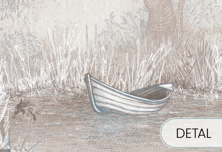 Tapeta RIVERSIDE BOAT - neutral - artystyczna tapeta pejzażowa do eleganckiego salonu lub sypialni