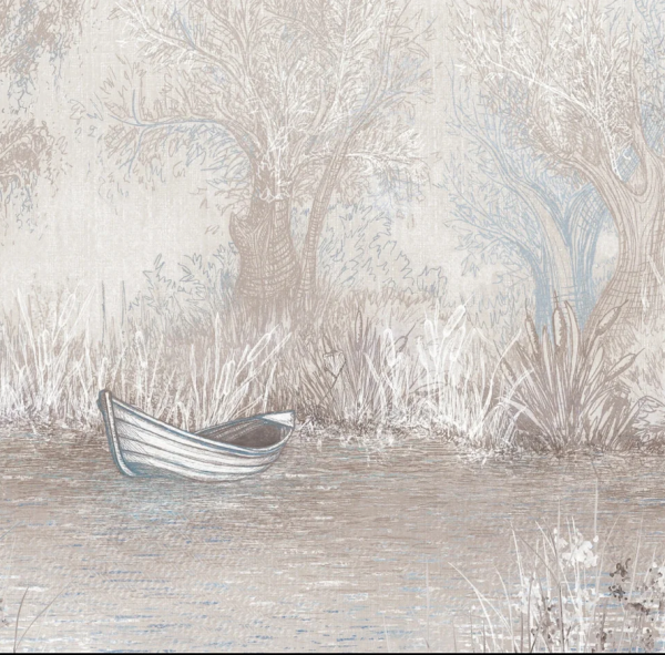 Tapeta RIVERSIDE BOAT - blue - artystyczna tapeta z motywem brzegu rzeki do salonu lub sypialni