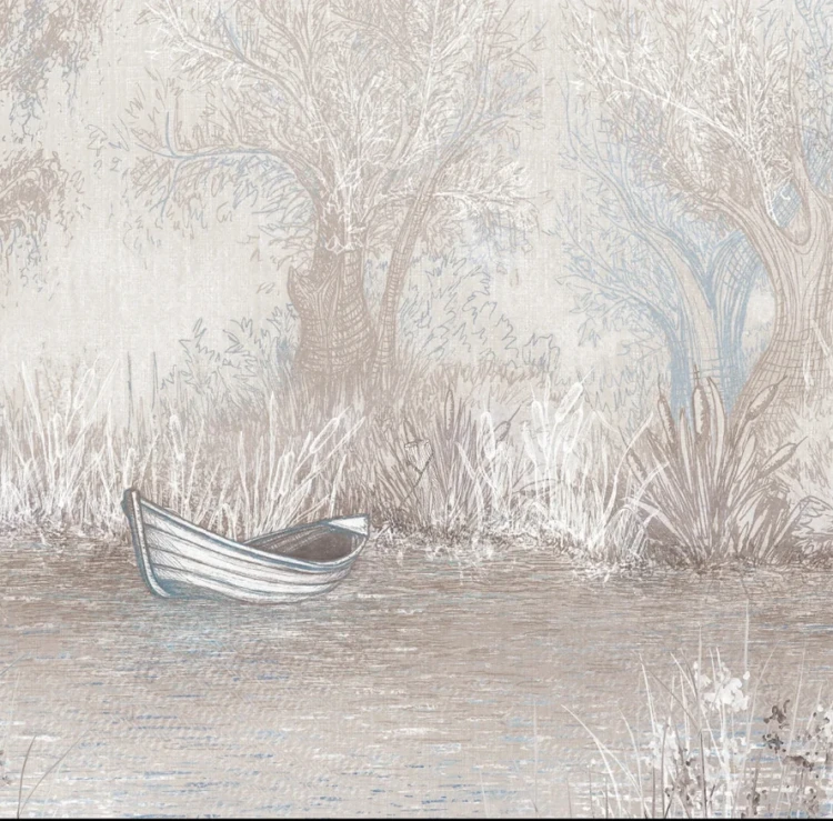Tapeta RIVERSIDE BOAT - blue - artystyczna tapeta z motywem brzegu rzeki do salonu lub sypialni