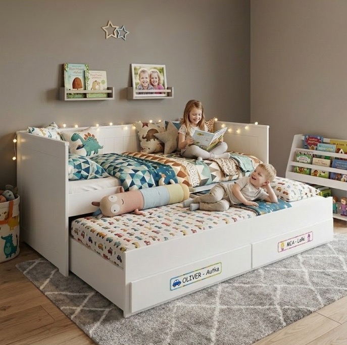 Łóżko dziecięce 4w1 z szufladami – sofa, łóżko pojedyncze i wysuwane łóżko podwójne w kolorze różowym.