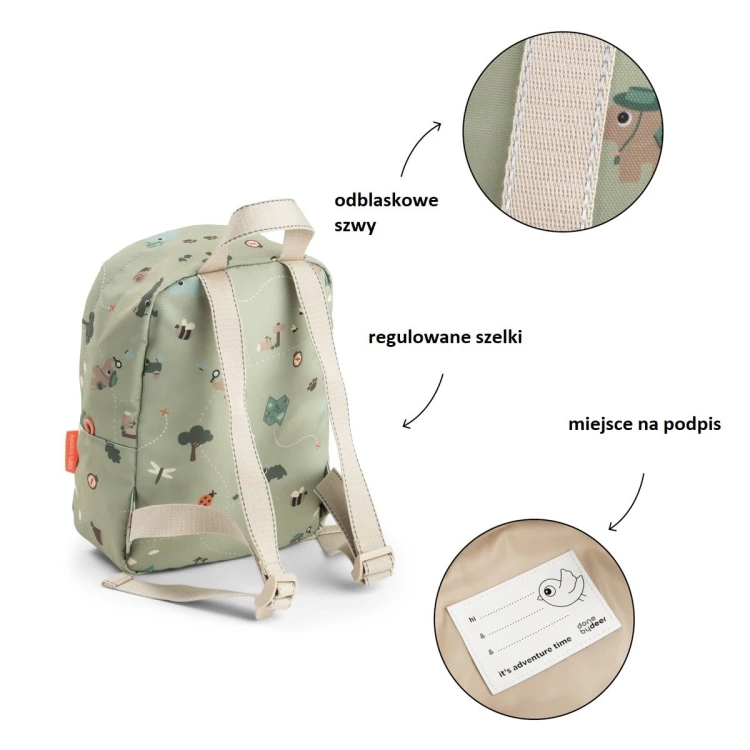 Done by Deer Tiny Trails Green 4L – zielony pierwszy plecak dla dziecka z regulowanymi szelkami i elementami odblaskowymi.