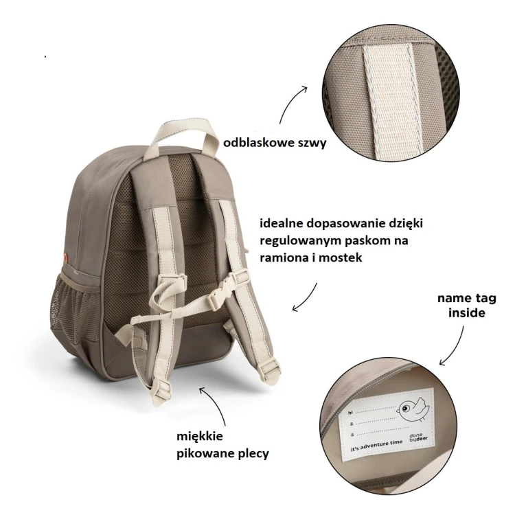Done by Deer Junior Tiny Trails Sand 13L – plecak dla dziecka do przedszkola i na wycieczki z regulowanymi szelkami i elementami odblaskowymi.