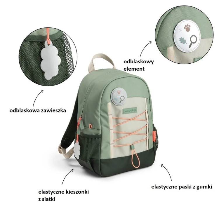 Done by Deer Junior Tiny Trails Green 13L – zielony plecak dla dziecka do przedszkola i na wycieczki z regulowanymi szelkami i elementami odblaskowymi.