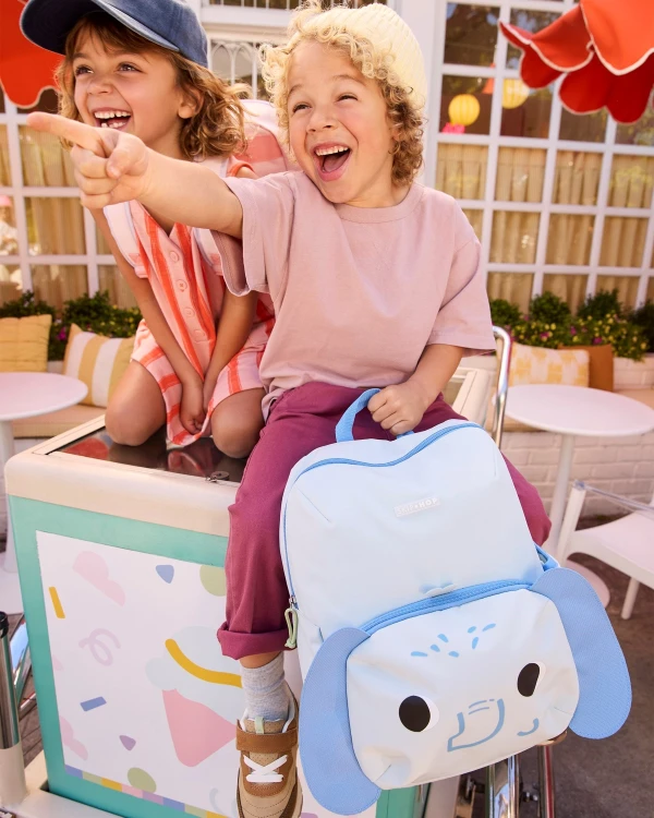 Skip Hop Besties Squad Słoń – plecak dla dziecka od 3 lat mieszczący format A4, z regulowanymi szelkami i kieszeniami na bidon, idealny do przedszkola.