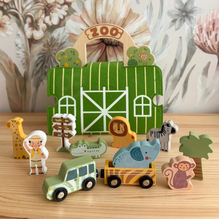 Tooky Toy Drewniana Walizka Tor ZOO Zwierzęta Pojazd Wagoniki