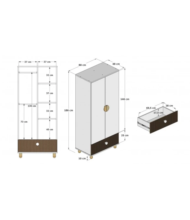 Szafa dwudrzwiowa LOFT z szufladą – Garderoba 186 cm - Kaszmir