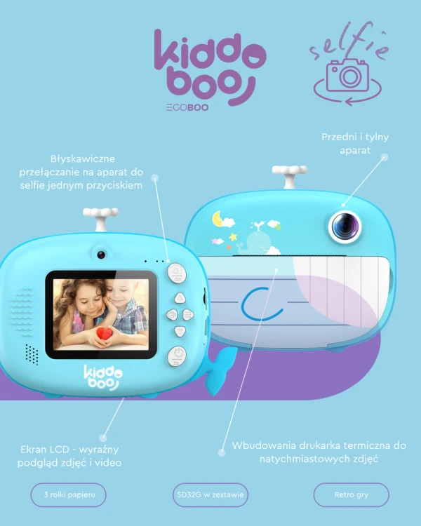 Aparat z drukarką termiczną dla dzieci Whale Blue