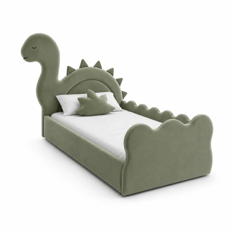 Łóżko dziecięce DINO z motywem dinozaura w nowoczesnym pokoju dziecięcym.