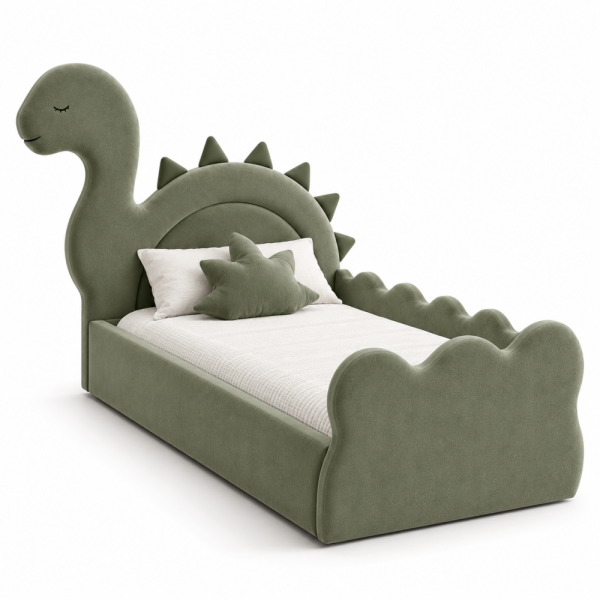Tapicerowane łóżko dziecięce DINO marki DAPPI z zagłówkiem w kształcie dinozaura i pojemnikiem na pościel.