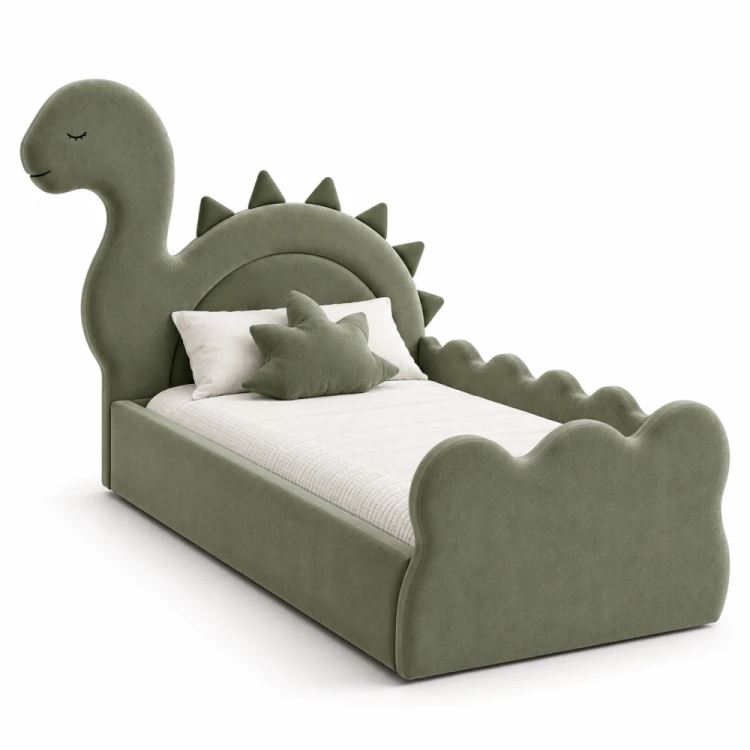 Tapicerowane łóżko dziecięce DINO marki DAPPI z zagłówkiem w kształcie dinozaura i pojemnikiem na pościel.