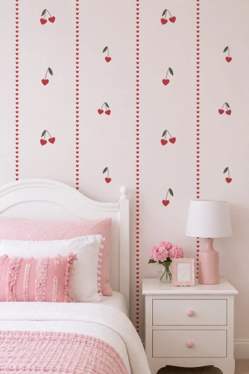Tapeta do pokoju dziecięcego Wisienki pink