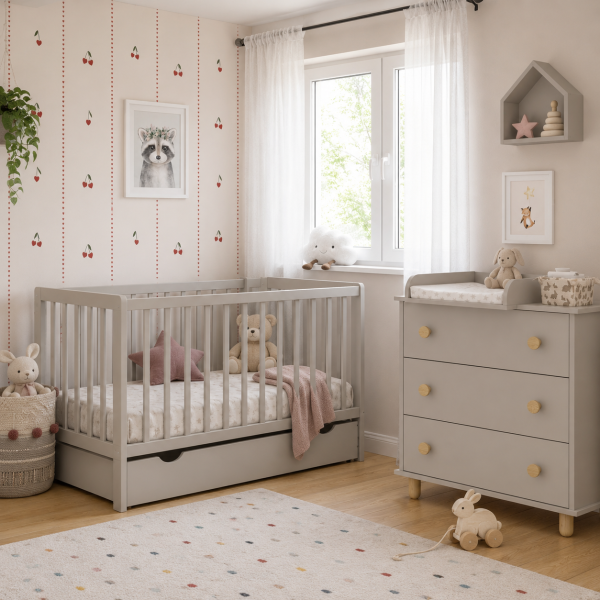 Kaszmirowe łóżeczko BAMBI 2w1 120x60 z szufladą barierką i opcją tapczanika