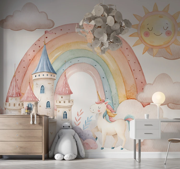Tapeta do pokoju dziecięcego mural Tęcza i zamek