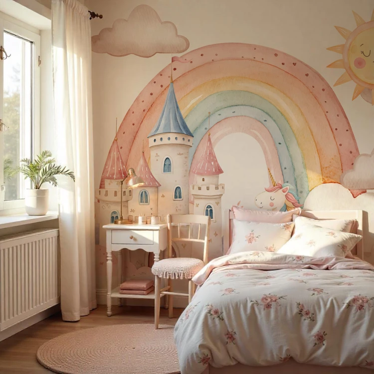 Tapeta do pokoju dziecięcego mural Tęcza i zamek