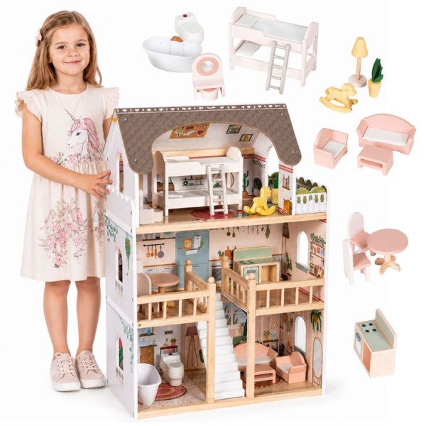 Domek dla lalek Laura ECOTOYS z 3 poziomami, 5 pomieszczeniami, balkonem i zestawem 15 kolorowych mebelków.