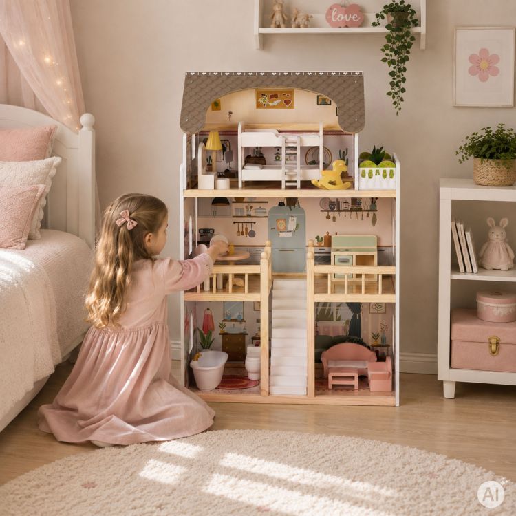 Domek dla lalek Laura ECOTOYS z 3 poziomami, 5 pomieszczeniami, balkonem i zestawem 15 kolorowych mebelków.
