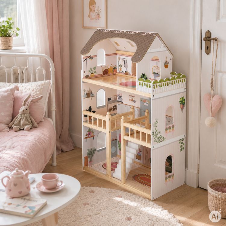 Domek dla lalek Laura ECOTOYS z 3 poziomami, 5 pomieszczeniami, balkonem i zestawem 15 kolorowych mebelków.