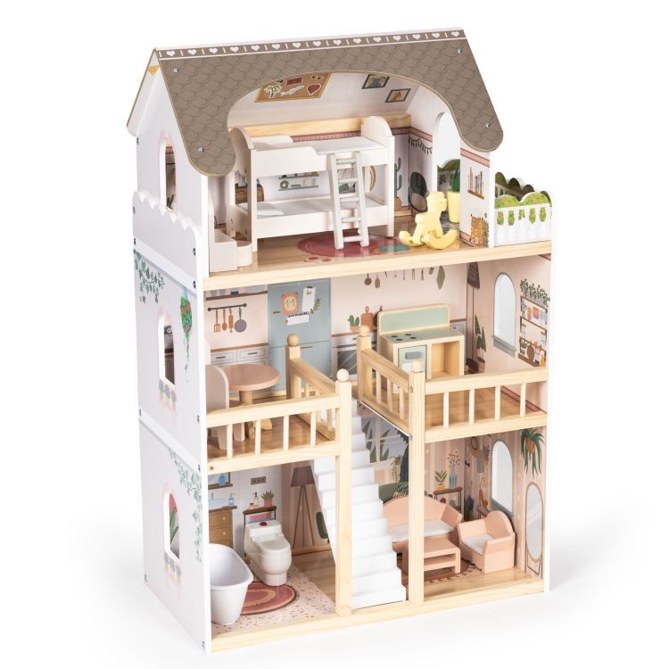 Domek dla lalek Laura ECOTOYS z 3 poziomami, 5 pomieszczeniami, balkonem i zestawem 15 kolorowych mebelków.