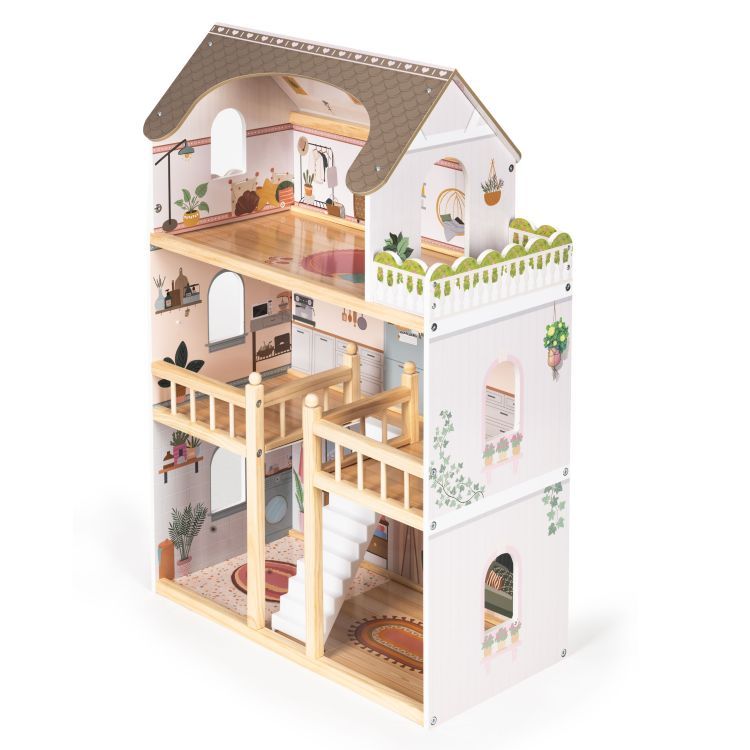 Domek dla lalek Laura ECOTOYS z 3 poziomami, 5 pomieszczeniami, balkonem i zestawem 15 kolorowych mebelków.