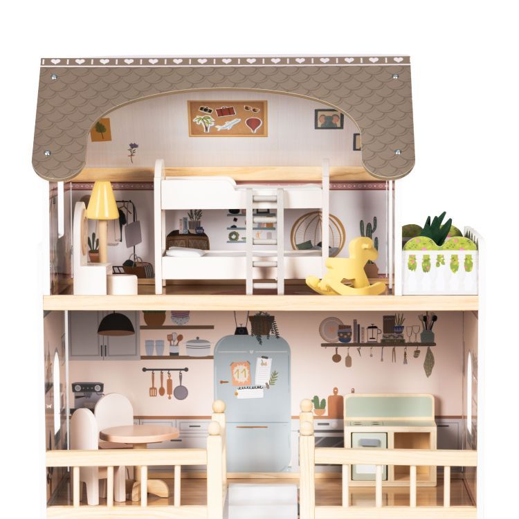 Domek dla lalek Laura ECOTOYS z 3 poziomami, 5 pomieszczeniami, balkonem i zestawem 15 kolorowych mebelków.