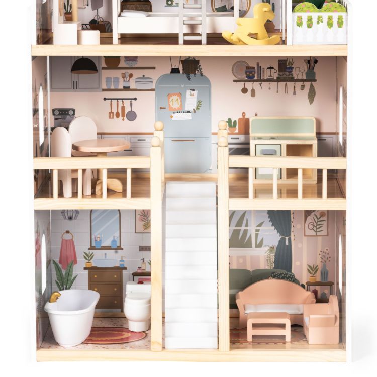 Domek dla lalek Laura ECOTOYS z 3 poziomami, 5 pomieszczeniami, balkonem i zestawem 15 kolorowych mebelków.