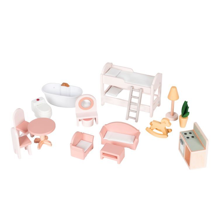 Domek dla lalek Laura ECOTOYS z 3 poziomami, 5 pomieszczeniami, balkonem i zestawem 15 kolorowych mebelków.