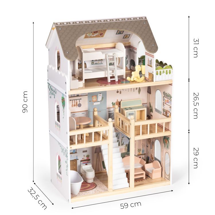 Domek dla lalek Laura ECOTOYS z 3 poziomami, 5 pomieszczeniami, balkonem i zestawem 15 kolorowych mebelków.