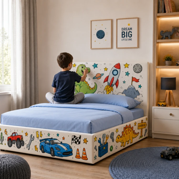 Łóżko dziecięce COLOR ME dla chłopca do samodzielnego kolorowania z wysokim zagłówkiem i drewnianym stelażem.