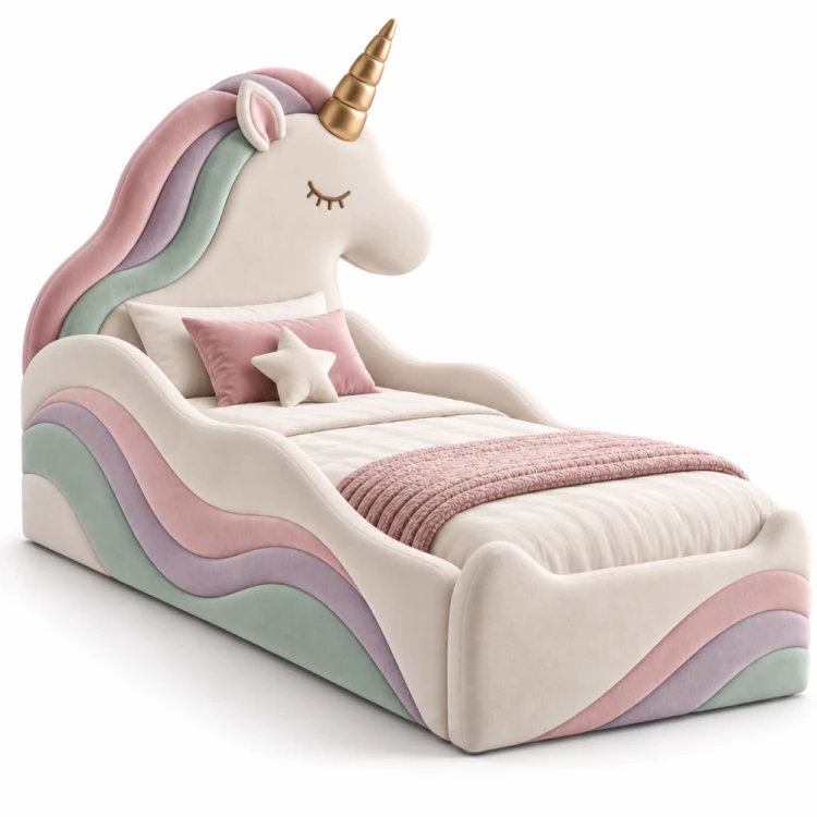 Tapicerowane łóżko dziecięce UNICORN DAPPI Kids z zagłówkiem w kształcie jednorożca i pojemnikiem na pościel.