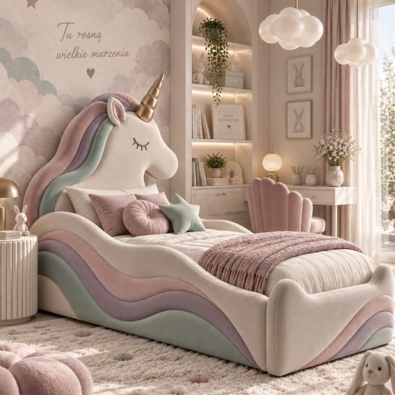 Tapicerowane łóżko dziecięce UNICORN DAPPI Kids z zagłówkiem w kształcie jednorożca i pojemnikiem na pościel.